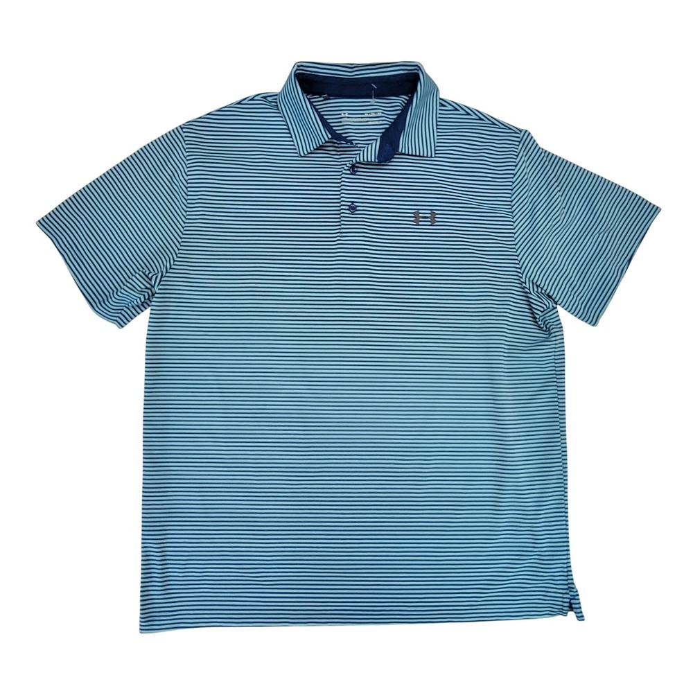 Under Armour Men's Golf Polo Shirt Heathered Blue Stripe HeatGear Size XL